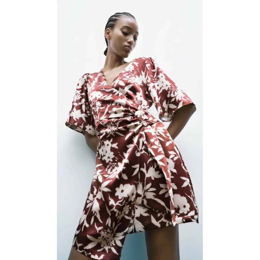 Zara Floral Print Knotted Mini Wrap Dress